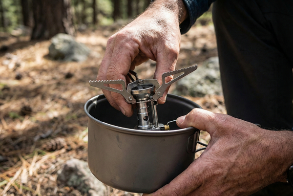Remove stove from inside pot where it nests during travel. Unfold three support arms. Attach to fuel canister with simple thread connection.