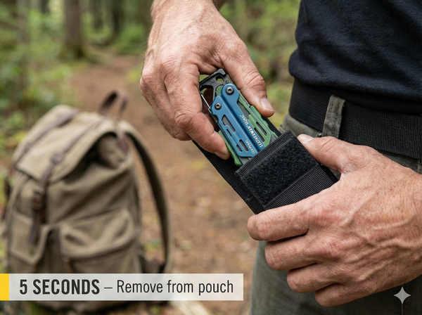 Pull from ballistic nylon pouch. Belt loop keeps it accessible—never buried in pack.