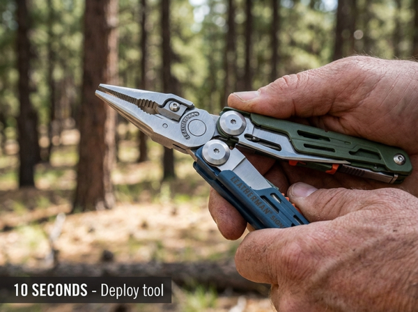 Spring-loaded pliers or flip out needed tool. One-hand operation with positive locks.