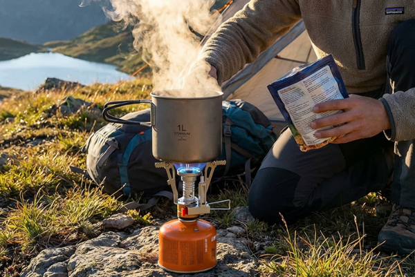 Place pot on stove. Water boils in 3.5 minutes (1L). Cook freeze-dried meals, coffee, or full backcountry recipes. When done, fold stove and nest inside pot.